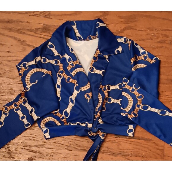 BLUE BLACK WHITE GOLD BLOUSE - Picture 3 of 3